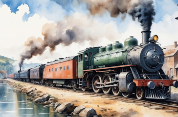 Naklejka premium steam locomotive watercolor background