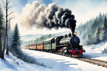 steam locomotive watercolor background - obrazy, fototapety, plakaty