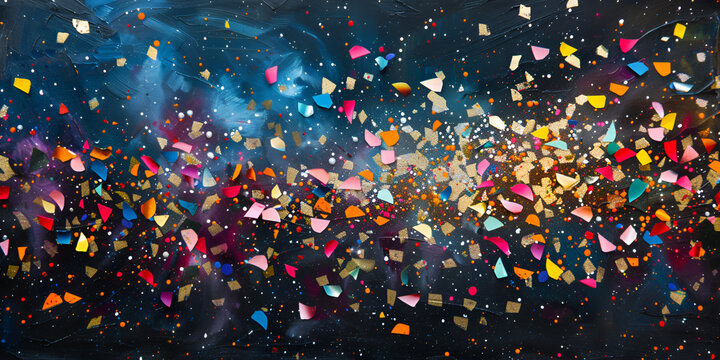 Celebration background with confetti, birthday concept, colorful confetti on dark background bright explosion on black texture with different glitters abstract pattern for work print for banners poste