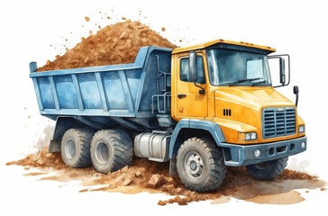 dump truck on the road watercolor background