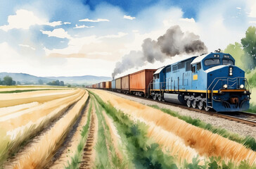 freight train in rural landscape watercolor art - obrazy, fototapety, plakaty