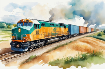 Fototapeta na wymiar freight train in rural landscape watercolor art