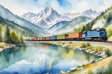 Papier Peint photo Bleu clair freight train in rural landscape watercolor art