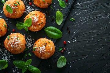 Arancini on a black background top view Italian Cuisine. Concept Food Photography, Italian Cuisine, Arancini, Top View, Black Background