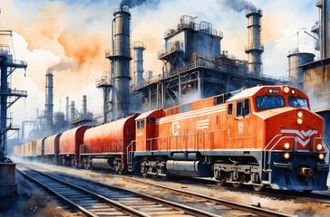 Fototapeta na wymiar freight train in the factory district watercolor art