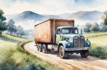 truck on the road watercolor