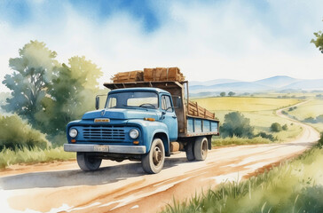 Fototapeta na wymiar truck on the road watercolor