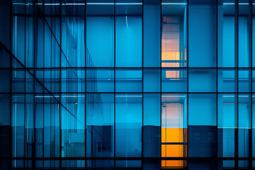 abstract shot of the sleek and contemporary architecture of a glass wall in a modern business office building, with blue light symbolizing innovation and progress in the corporate