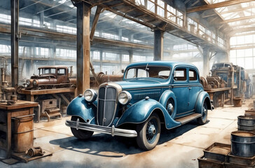 1930s old car  factory watercolor background