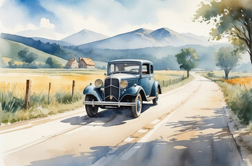 1930s old car on the road watercolor - obrazy, fototapety, plakaty