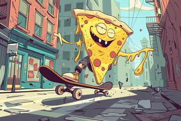 A cartoon character pizza in bright clothes is riding a skateboard on a busy city street surrounded by tall buildings. Generative AI