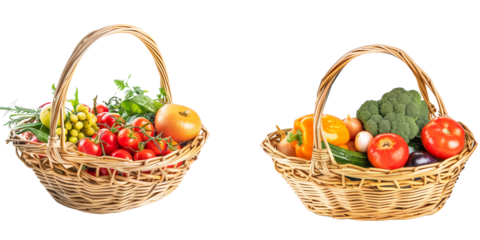  set of Assorted organic vegetables and fruits in wicker basket isolated on transparent background