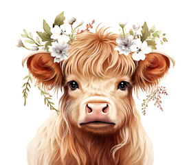 Watercolor Floral Highland Cow isolated on White Background