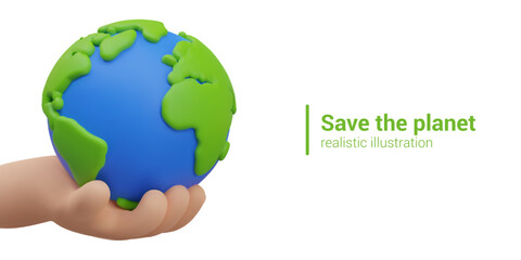 Vector concept of saving planet. Human hand holds Earth. Color illustration in cartoon style