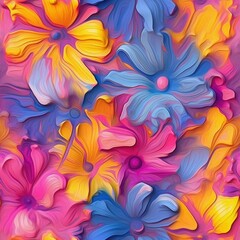 Fototapeta na wymiar Abstract floral oil color painting, pinks and purples and yellow and blue