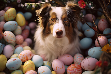 Fototapeta na wymiar Easter dog. Eggs and flowers background. Happy Easter card. Spring celebrations.