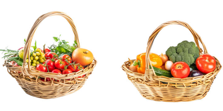  set of Assorted organic vegetables and fruits in wicker basket isolated on transparent background