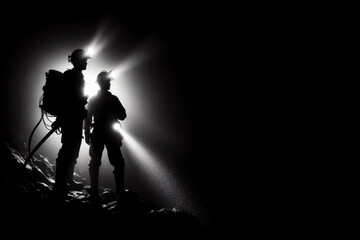 Silhouette of Miners with headlamps underground mine solid black background. ai generative - obrazy, fototapety, plakaty