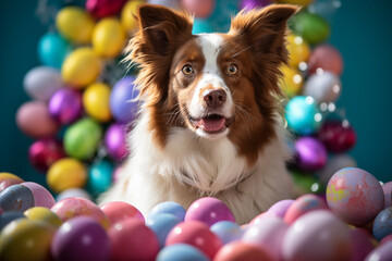 Fototapeta na wymiar Easter dog. Eggs and flowers background. Happy Easter card. Spring celebrations.