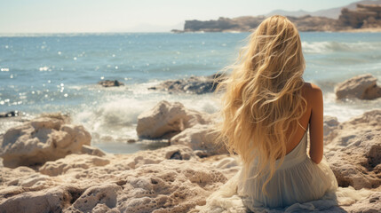 A beautiful girl sitting on the beach by the sea. A young, attractive girl in a pretty dress sitting on the rocky coast. Blonde woman resting by the ocean in a luxury dress.