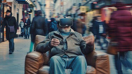 Old man wearing VR headset sitting on couch in busy street with people walking