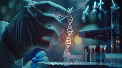 Precision DNA Strand Cutting in Genetic Engineering, A close-up of a gloved hand using scissors to snip a DNA molecule, illustrating the precise nature of genetic modification technology.

 - obrazy, fototapety, plakaty