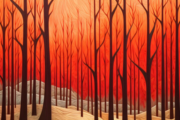 a painting of trees with a red sky in the background