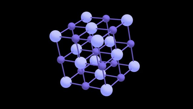 Crystal lattice molecule grid rotates. Sodium chloride rock salt. 4K FullHD and HD render footage animation on black