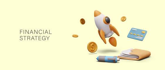 Financial strategy. Rocket launch, 3D coins, notes, pen, credit card
