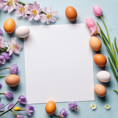 Naklejka na ściany i meble photo of a easter card with eggs and flowers 