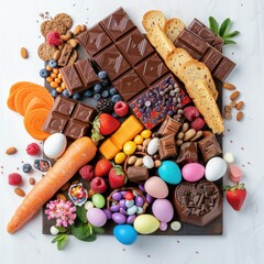 Easter sweet charcuterie board with chocolate eggs, candies, berries, cookies and marshmallows on white background. Top view. Festive holiday snack for kids.