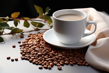 A mug of coffee on a table with grain on a white background ai Generative, generative IA