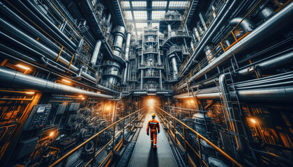 Fototapeta premium Worker in Protective Gear Walking in Industrial Plant