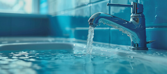 water flows from a tap in a blue bathroom. concept of fault or water saving