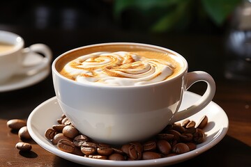 Side view of coffee in a white cup with isolated coffee beans on a white wooden ba, generative IA