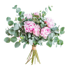 bouquet of pink peony with eucalyptus leaves isolated on transparent background - obrazy, fototapety, plakaty