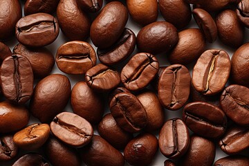 Upper view of isolated fresh coffee beans on a white background with copy space, generative IA