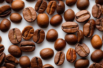 Upper view of toasted coffee beans, scattered over a white background, with copyin, generative IA