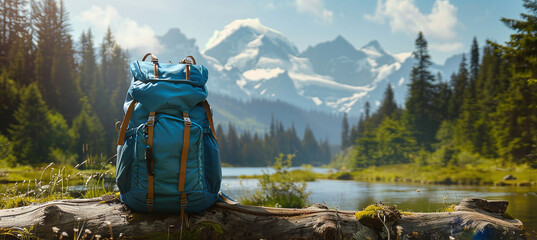 Travel backpack on a forest log against the backdrop of a mountain landscape. The concept of hiking and traveling in spring - obrazy, fototapety, plakaty