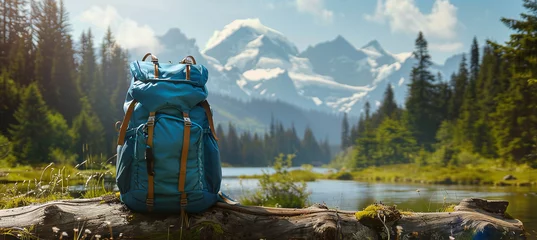 Fotobehang Travel backpack on a forest log against the backdrop of a mountain landscape. The concept of hiking and traveling in spring © Oleksandr
