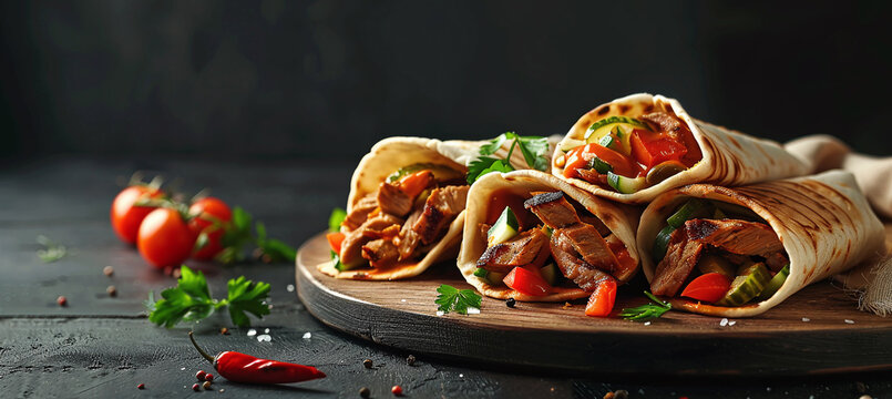 Traditional Greek gyros with meat, vegetables and sauce