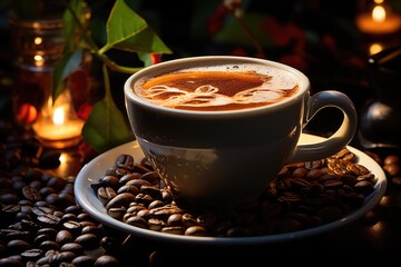 Cup of white coffee is found in roasted coffee beans of the highest standard, generative IA