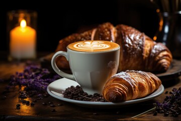 Cappuccino coffee cup with croissants on the wooden table, generative IA