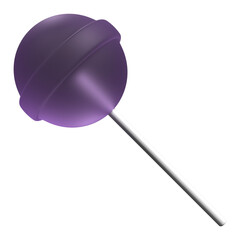 3D lollipop candy icon. Purple lollipop on white stick. Lollipop candy. 3D rendering