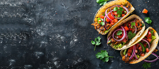 Taco stuffed with grilled meat, salsa and onions - obrazy, fototapety, plakaty