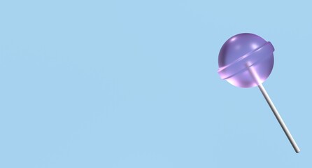 3D lollipop candy icon. Purple lollipop on white stick. Lollipop candy. 3D rendering