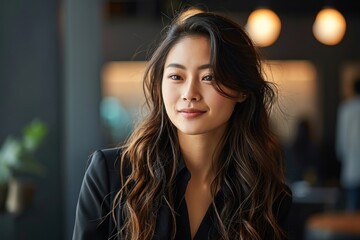 Obraz premium 黒いジャケットを着たロングヘアのアジア人ビジネスウーマン, Generative AI