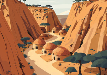 Fictional painting from an elevated view of the huts in a primitive desert village built at the bottom of a large canyon with tall red colored cliffs protecting it on each side. - Powered by Adobe
