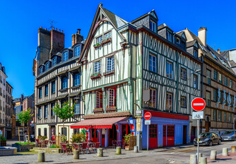 Cozy street with timber framing houses in Rouen, Normandy, France - 745823754