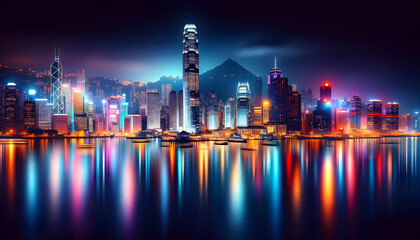 Hong Kong skyline at night through a stunning long exposure shot, showcasing the glittering skyscrapers reflected in the waters of Victoria Harbour